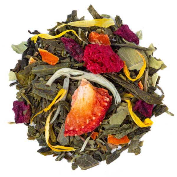 Thé Vert Plage d’Émeraude Bio Saveur Fraise, Framboise et Pêche par Made in Thé - Vue de haut