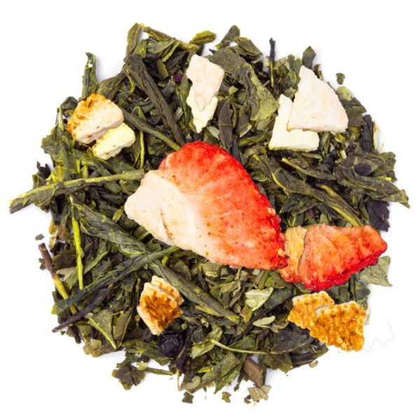 Thé Vert L'enchanteur Saveur Fraise Groseille Fleur de Sureau par Made in Thé - Vue de haut