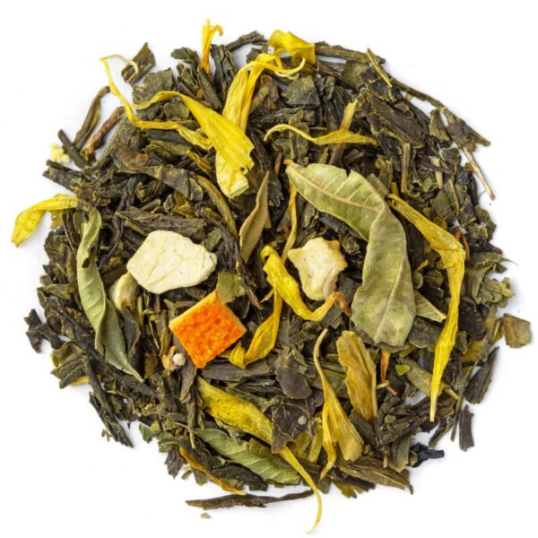 Thé Vert Douceur d’Agrumes Bio saveur Mandarine et Pamplemousse par Made in Thé - Vue de haut